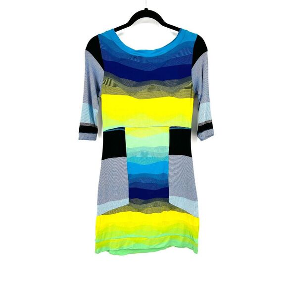 DESIGUAL Blue Yellow Bright Abstract Bodycon Half Sleeve Mini Dress Size XS - Picture 3 of 8